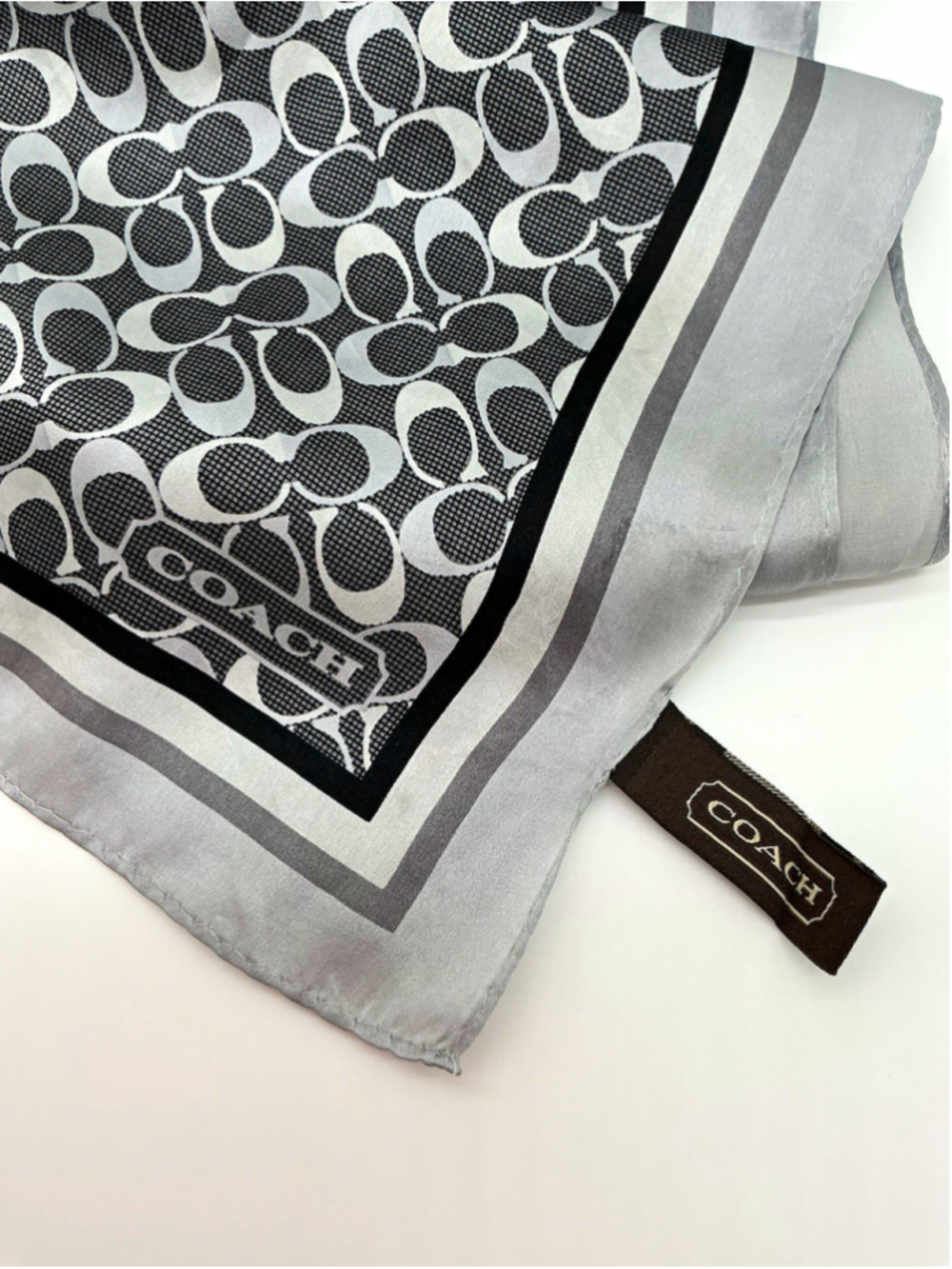 Coach Women's Silk Satin Oblong Scarf Gray/Black Geometric C Logo 34x10"
